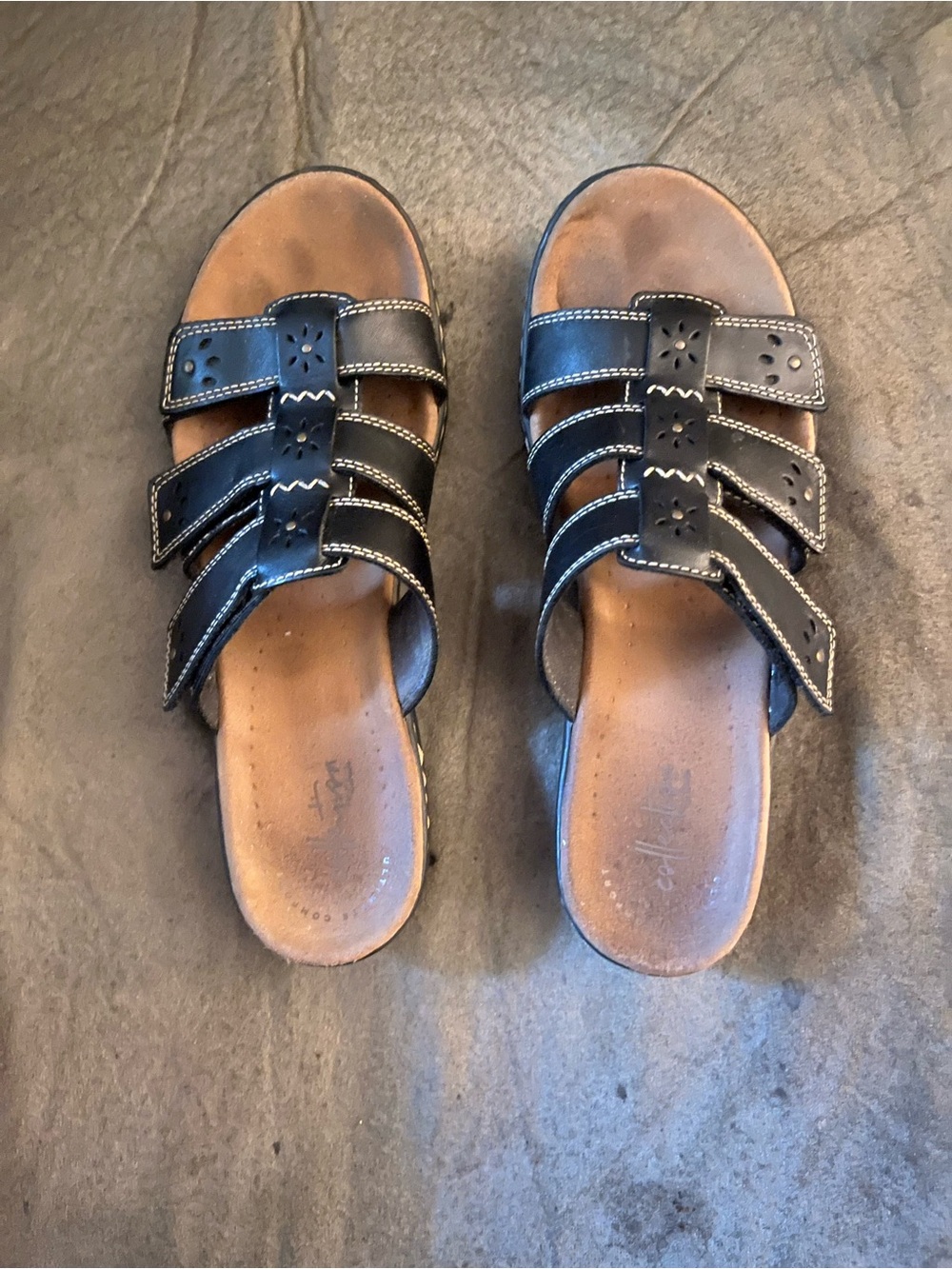 Clarks Black Triple-Strap Leather Slide Sandals